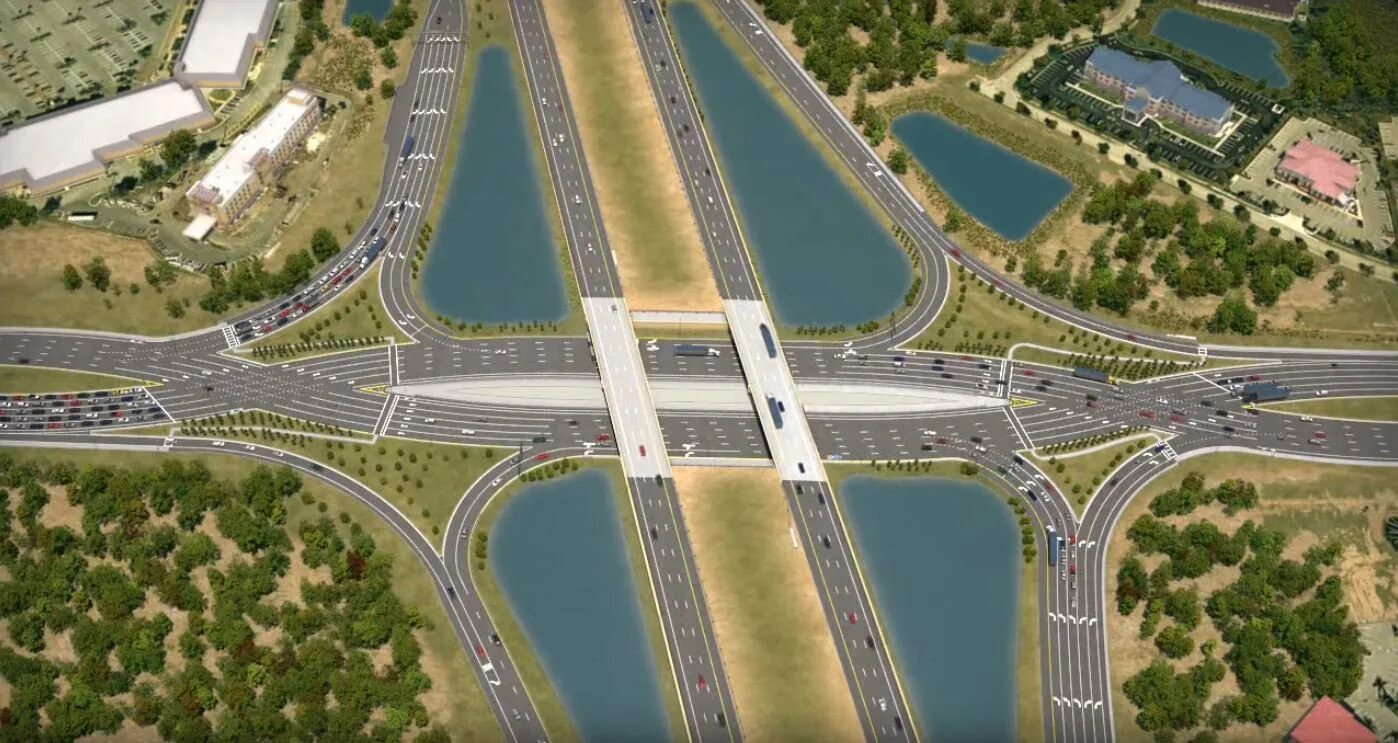 Diverging Diamond Interchange. Транспортные развязки в разных уровнях. Развязка Клеверного типа. Развязка Diamond.