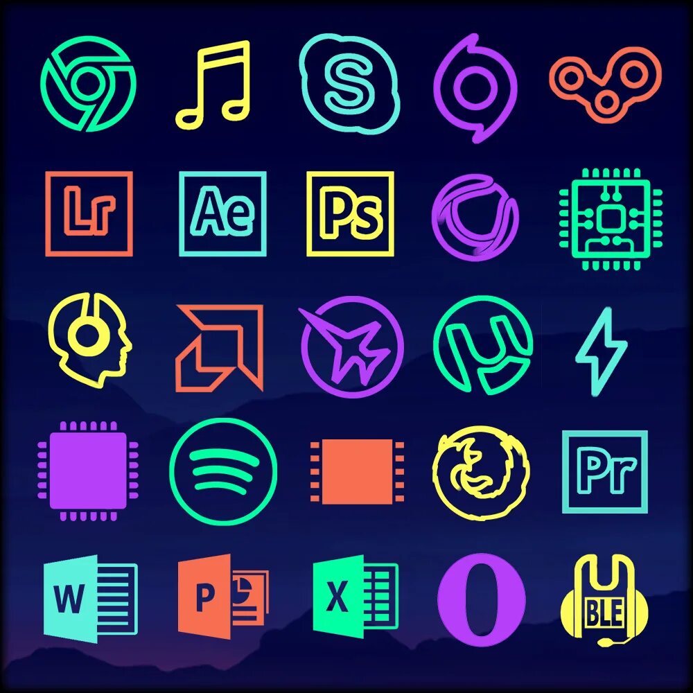 Neon icons. Иконки неоновом стиле. Неоновые значки приложений. Красивые значки для приложений. Иконки в стиле неон.