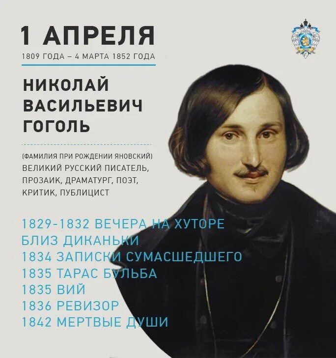 Писатели апреля. 215 Лет со дня рождения Николая Васильевича Гоголя.
