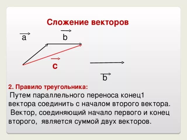 Объясните какой вектор называется суммой. Сложение векторов правило треугольника. сложение по правилу треугольника. сложение параллельных векторов.