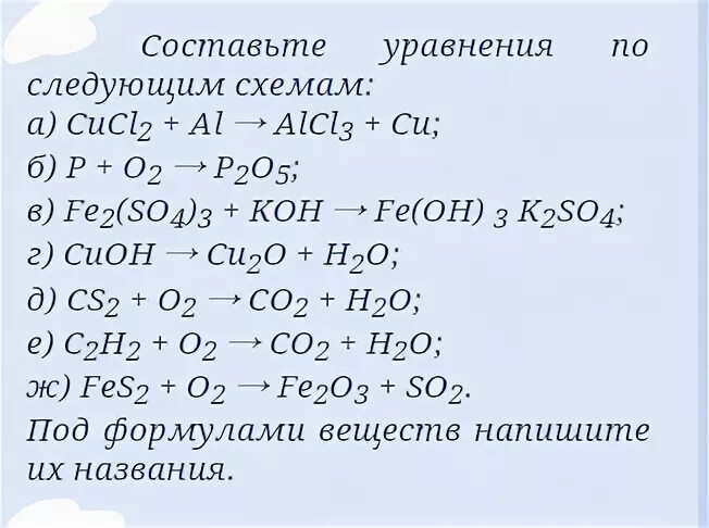 Составьте уравнения по следующим схемам. Fe cucl2 какая реакция