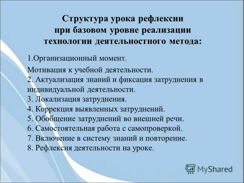 Уроки начального уровня. Структура урока рефлексии. Организационный момент мотивация к учебной деятельности. Структура урока размышления. Структура урока базового уровня.