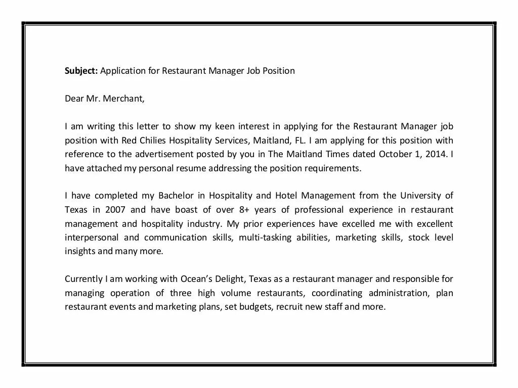Interest in applying for. Applying for a job letter example. write a letter to the restaurant manager. application letter structure. applying for a job.