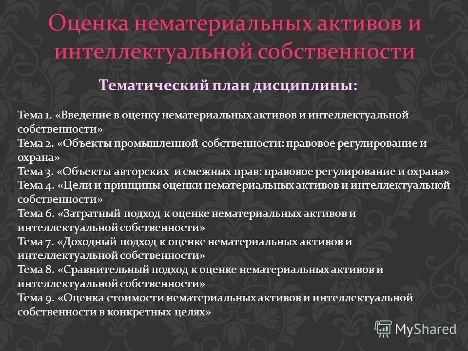 Оценка нематериальных активов и интеллектуальной собственности. Нематериальные Активы и охрана интеллектуальной собственности. Оценка нематериальных активов. Интеллектуальную собственность и НМА. Оценка интеллектуальными активами