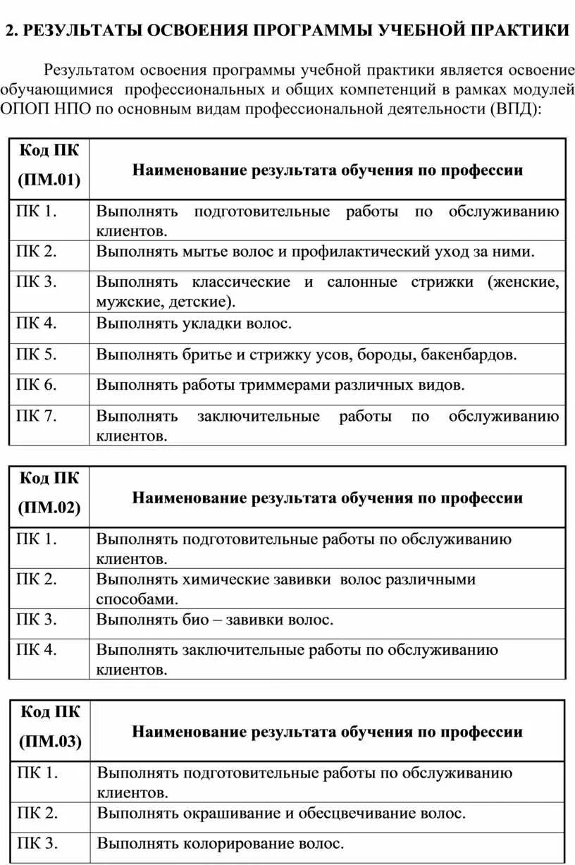 Компетенции прохождения практики