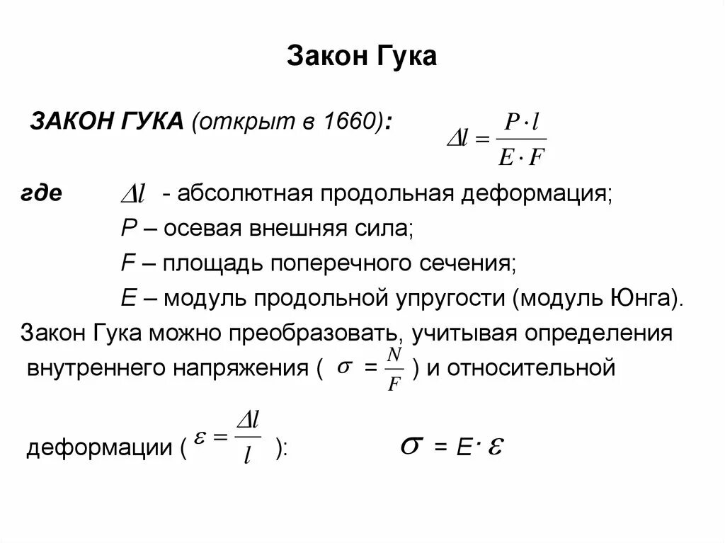 Закон юнг. Сила упругости модуль Юнга. Закон Гука формулировка и формула. Закон Гука модуль продольной упругости. Второй закон Гука формула.