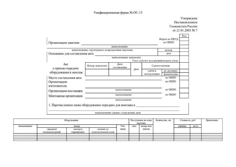 Акт о приеме-передаче оборудования в монтаж по форме ОС-15. Форма ОС-15 акт о приемке-передаче оборудования в монтаж. Акт приёма-передачи оборудования в монтаж форма ОС-15. Акт приёма-передачи оборудования в монтаж образец. Акт приема передачи унифицированная форма