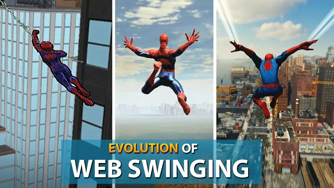 Playable spiderman can do web swinging. Web swinging. jumping from the highest points in spider-man games.
