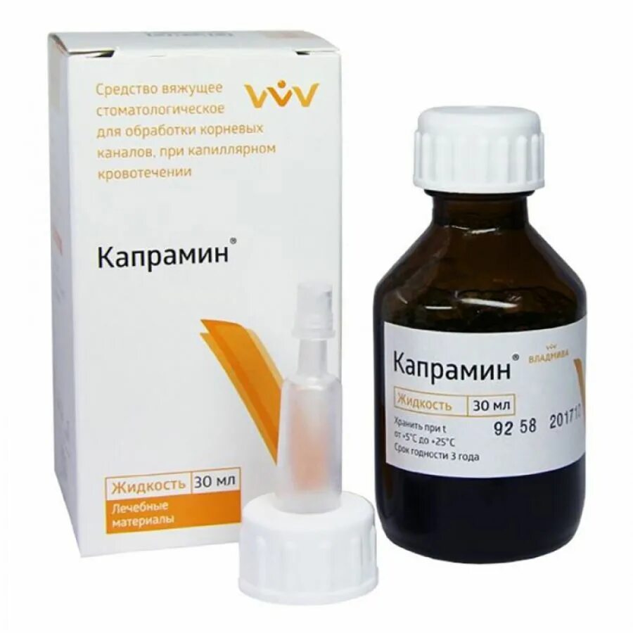 Препараты для корневых каналов. Капрамин, 30мл (ВЛАДМИВА). ВЛАДМИВА, Капрамин - гемостатическая жидкость (30 мл). Капрамин кровоостанавливающие средство ВЛАДМИВА 30 мл. Капрамин жидкость 30 мл (кровоостанавливающее средство).