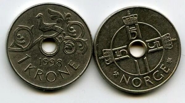Как выглядит крона. 1 крона 1998. монета 1 krone. 1 крона норвегия. крона монета с дыркой.