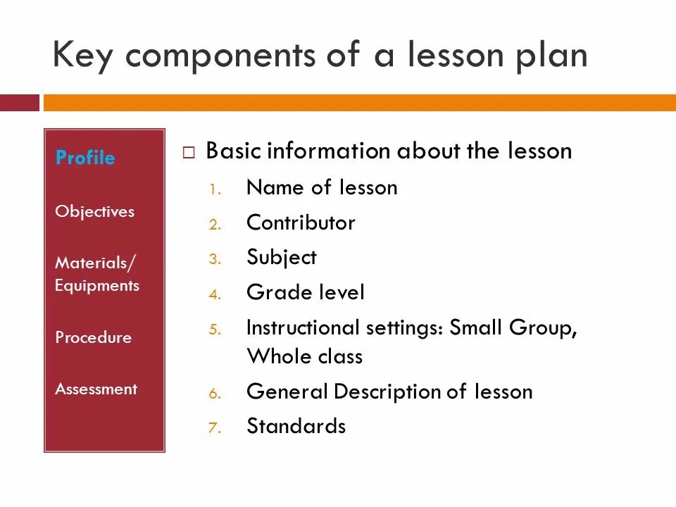What is the lesson described. Lesson components. lesson plan component. key components of lesson plan. procedure of the lesson.
