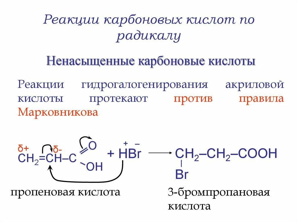 Карбоновые кислоты с натрием реакция. Реакция присоединения непредельных карбоновых кислот. Радикалы карбоновых кислот непредельные. Гидрогалогенирование непредельных карбоновых кислот. Реакция присоединения карбоновых кислот.