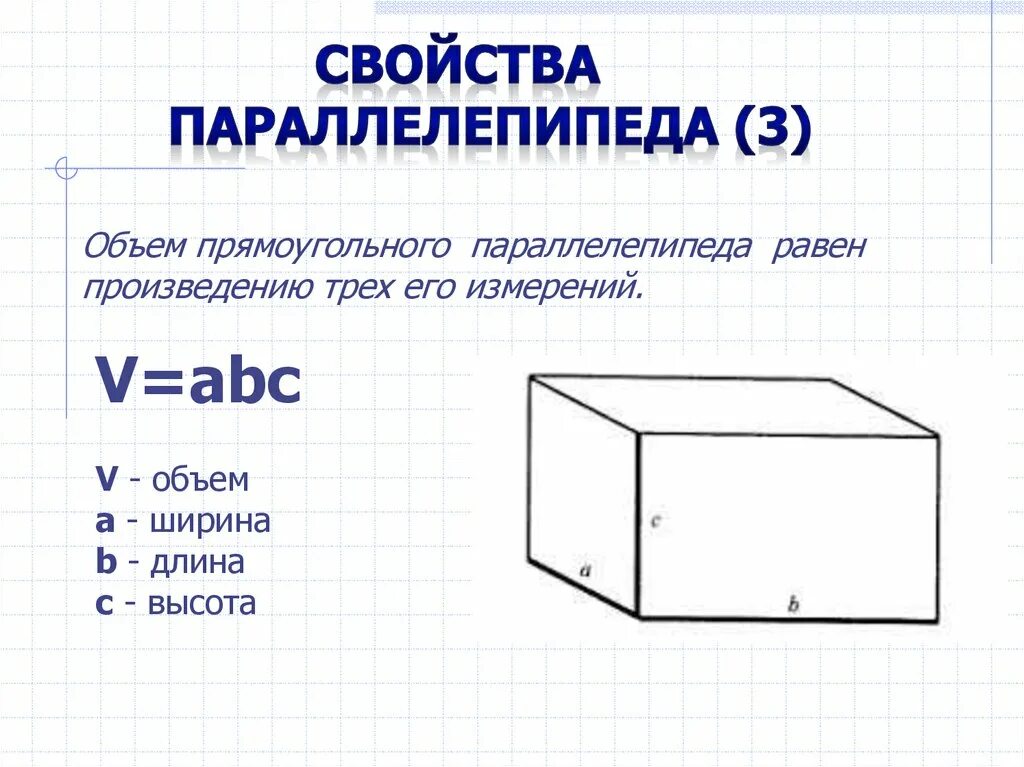 Тема параллелепипед куб. Свойства объема прямоугольного параллелепипеда. Объем параллелепипеда 3 класс. 3 Свойства объема прямоугольного параллелепипеда. Прямоугольный параллелепипед 9 класс.