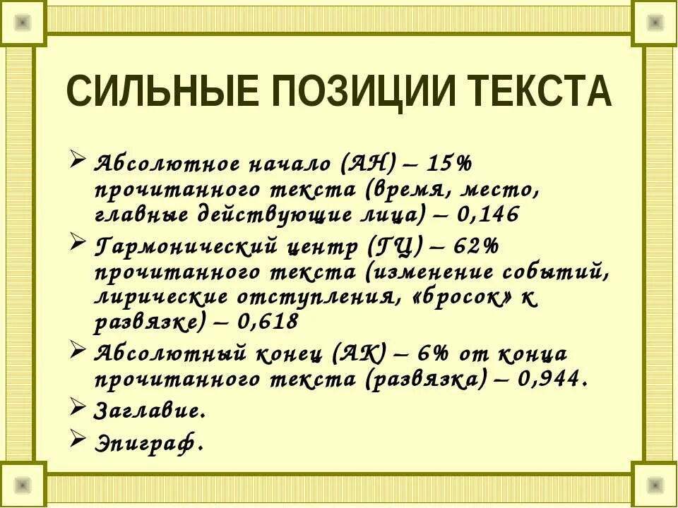 Сильная позиция слова. Сильные позиции текста. Сильные позиции в художественных текстах. Сильные позиции текста примеры. Сильная позиция в литературе это.