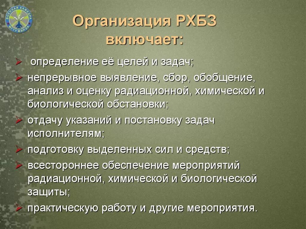 Планирование и организация РХБ защиты. Организация РХБЗ В воинской части. Мероприятия РХБЗ. Задачи войск РХБ защиты.