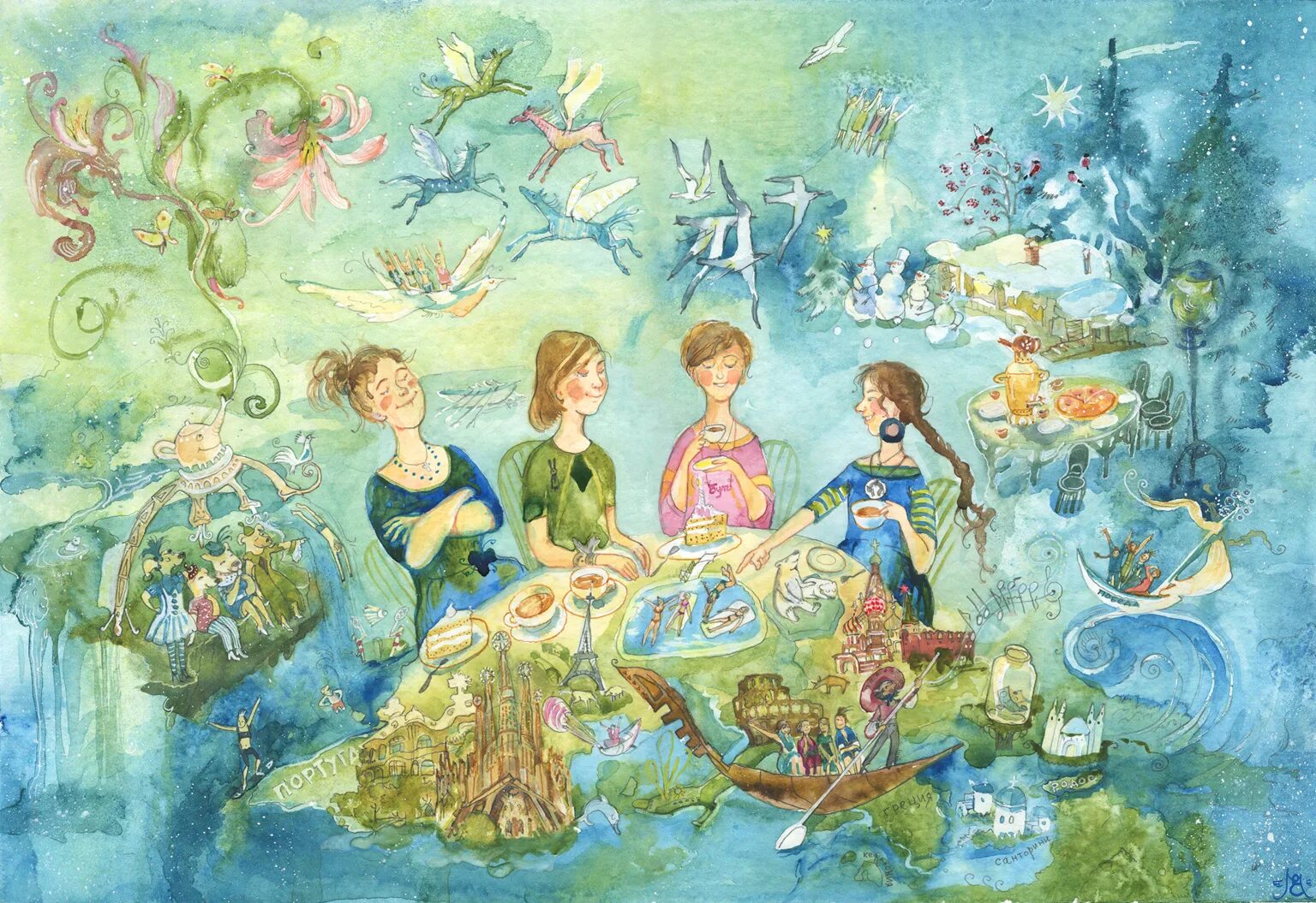 Четыре картины вместе. 4 Подруги художницы. Полина Кукулиева акварель. Четыре подруги акварель. Иллюстрации 4к.