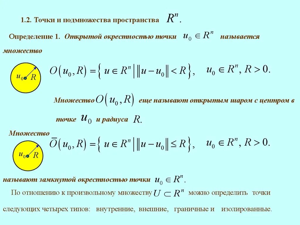 Определение окрестности. Открытые множества в метрическом пространстве. Окрестность точки в пространстве r n .. Окрестность точки в пространстве RN .. Определение замкнутого множества.