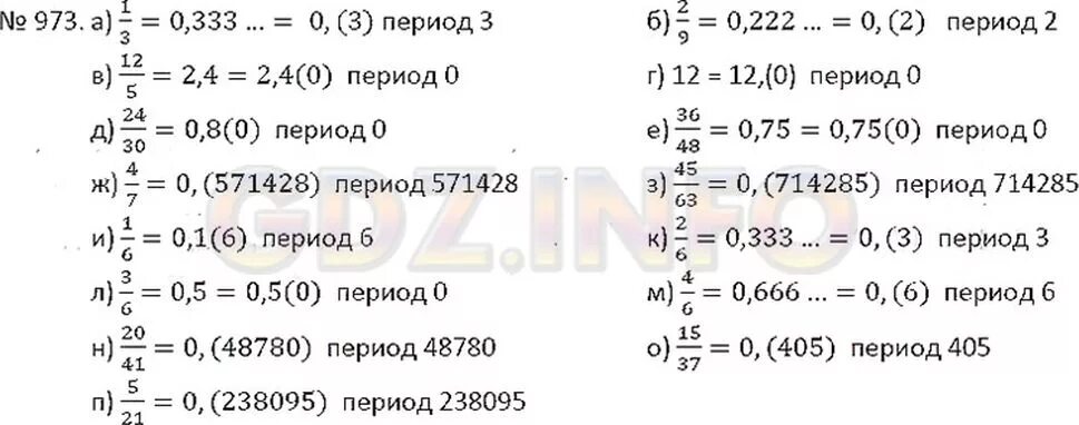 Математика шестой класс Никольский номер 973. Запишите число в виде периодической дроби назовите её период.