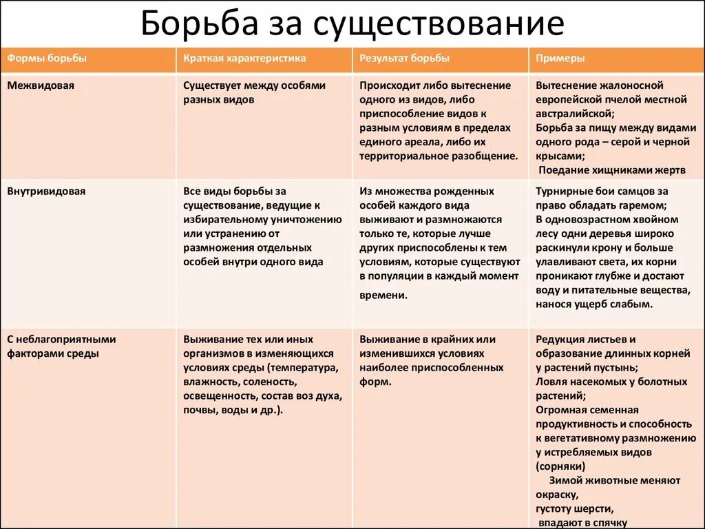 Борьба за существование форма характеристика примеры