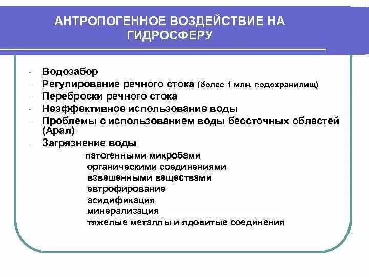 Влияние человека на природу. Антропогенное воздействие на животных. Загрязнение воздуха воды и почвы. Химическое загрязнение окружающей среды. Основные антропогенные источники загрязнения гидросферы.