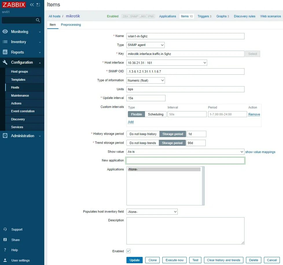 Zabbix mikrotik. Мониторинг трафика микротик. zabbix. zabbix создать item.