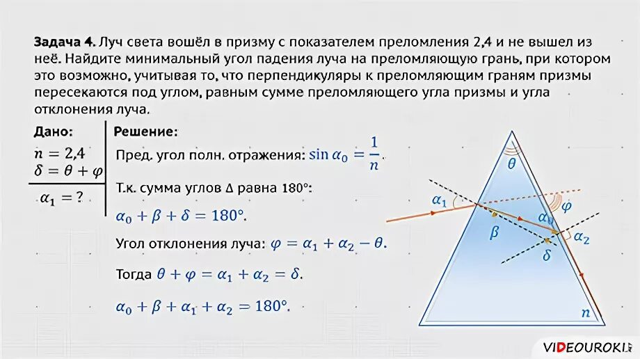 Преломляющий угол Призмы. Угол отклонения луча через угол преломления. Преломление в треугольной призме. Ход лучей в треугольной стеклянной призме. Луч света падает на призму перпендикулярно