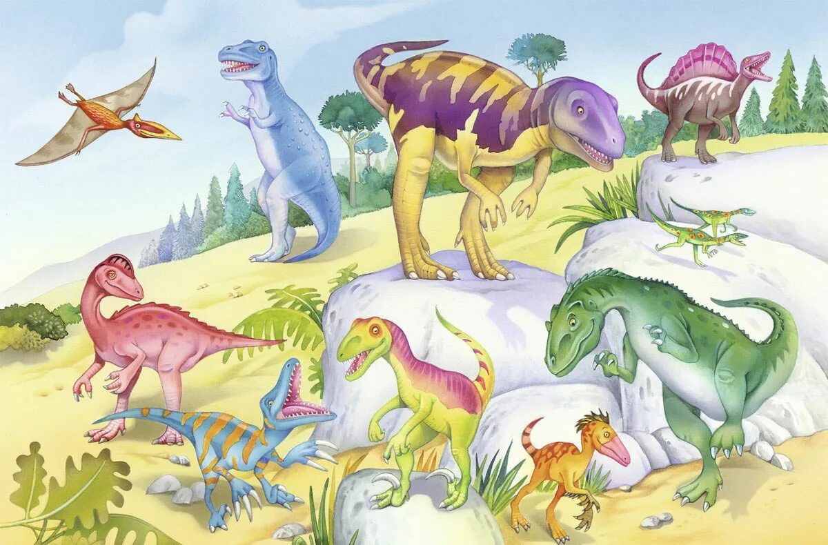 динозавры цветные для детей. динозавр мультяшный. пазл "динозавры". мир динозавров. разноцветные динозавры.