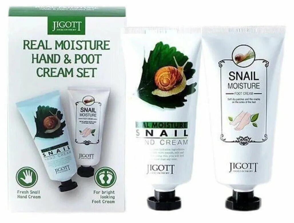 Jigott муцин улитки. Jigott real Moisture hand&foot Cream Set набор: крем для ног, крем для рук. Jigott набор кремов для рук и ног с экстрактом слизи улитки. [Jigott] крем для рук муцин улитки real Moisture Snail hand Cream, 100 мл. Jigott real Moisture hand & foot Cream Set.