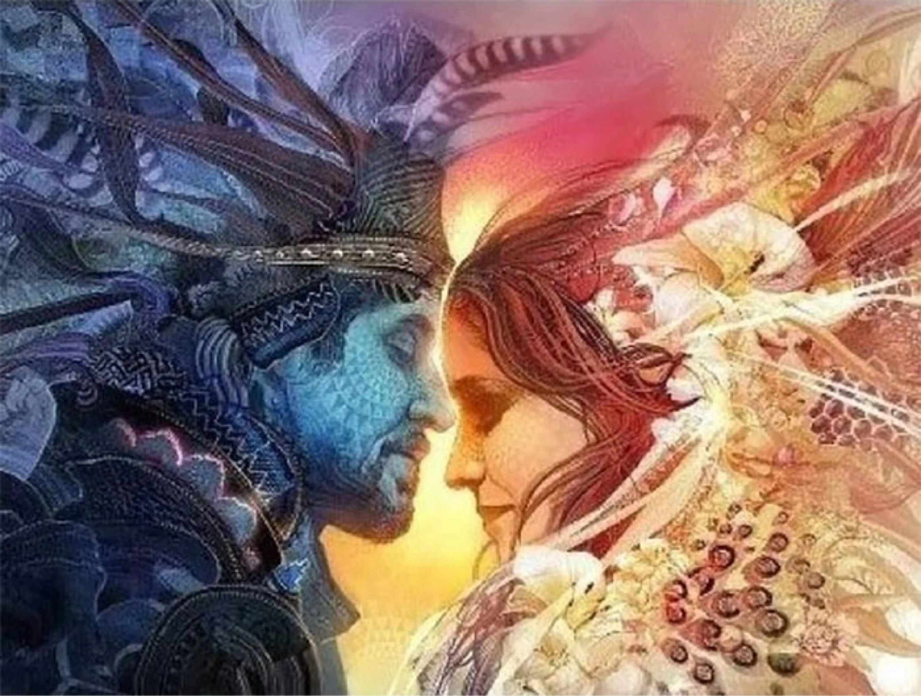 Близнецовое пламя отношения. Мужчина и женщина эзотерика. Влюбленные в небе картина. Поцелуй в космосе. Кармическая любовь.