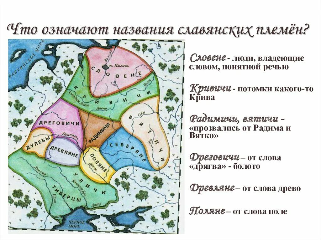 Значение названий некоторых славянских племен. Вятичи древляне дреговичи Поляне. Славяне Вятичи Кривичи. Карта древней Руси с племенами восточных славян. Вятичи Поляне Кривичи.