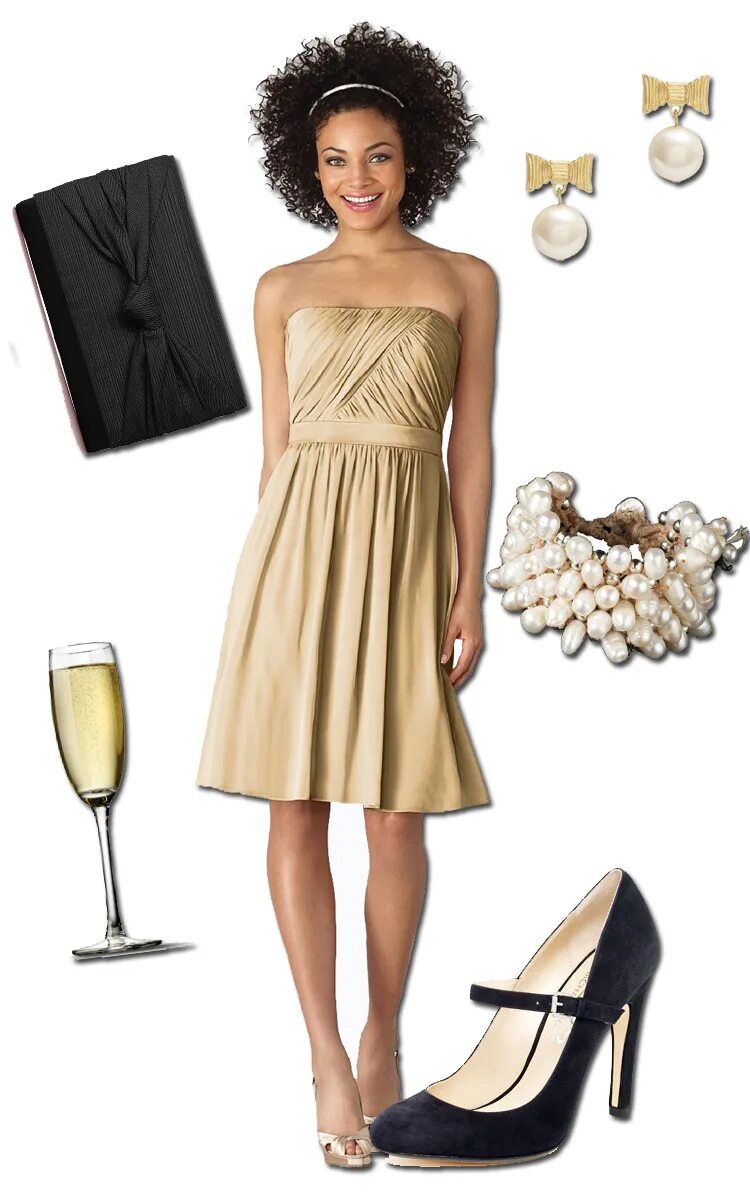 Обувь к коктейльному платью. Платье цвета шампань. Туфли к платью цвета шампань. Бижутерия под платье шампань.