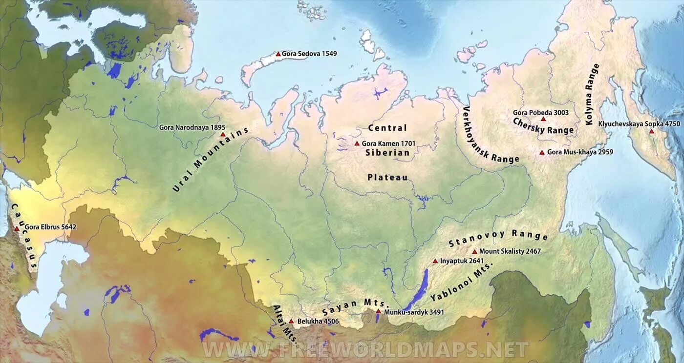 Гора победа на карте России. Горные вершины России на карте. Горы России на карте с названиями. Горные хребты на карте. Горы черского на карте россии