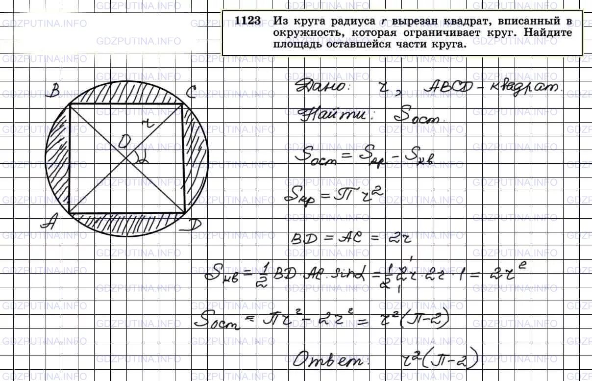 Радиус 7 найти площадь квадрата. Из круга радиуса r вырезан квадрат вписанный в окружность. квадрат вписанный в окружность вписанную в квадрат. задачи на вписанную окружность в квадрат. площадь квадрата вписанного в окружность.