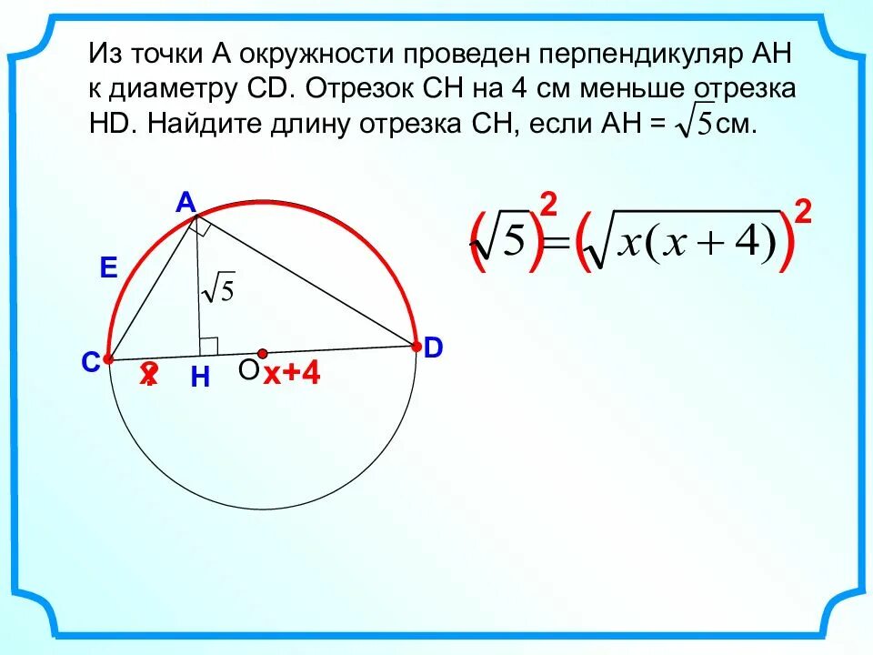 Диаметра ch. Перпендикуляр от точки окружности к диаметру. Перпендикуляр к диаметру окружности. Отрезок в окружности. Нахождение точки на окружности.