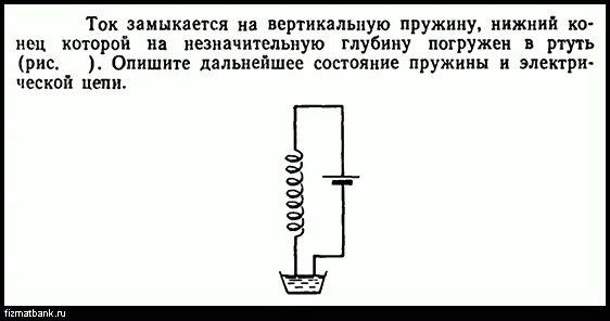 Пружина замыкается. Тонкая вертикальная пружина. По проводнику течет ток 0.5