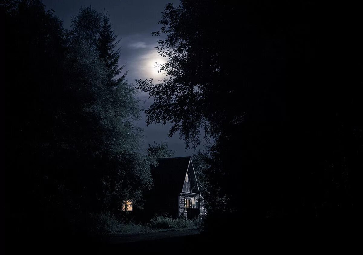 Таинственный свет луны. Ночь в деревне. Домик в лесу ночью. Дом в лесу ночью. Маленький домик в лесу ночью.