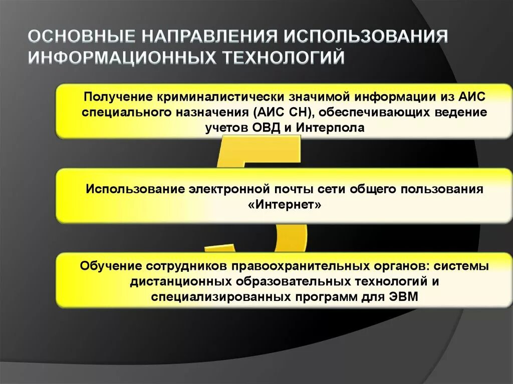 Основные направления использования информационных технологий. Информационные технологии в правоохранительной деятельности. Информационных технологий в работе ОВД; это. Информационные процессы в правоохранительных органах. Принципы современных информационной технологии