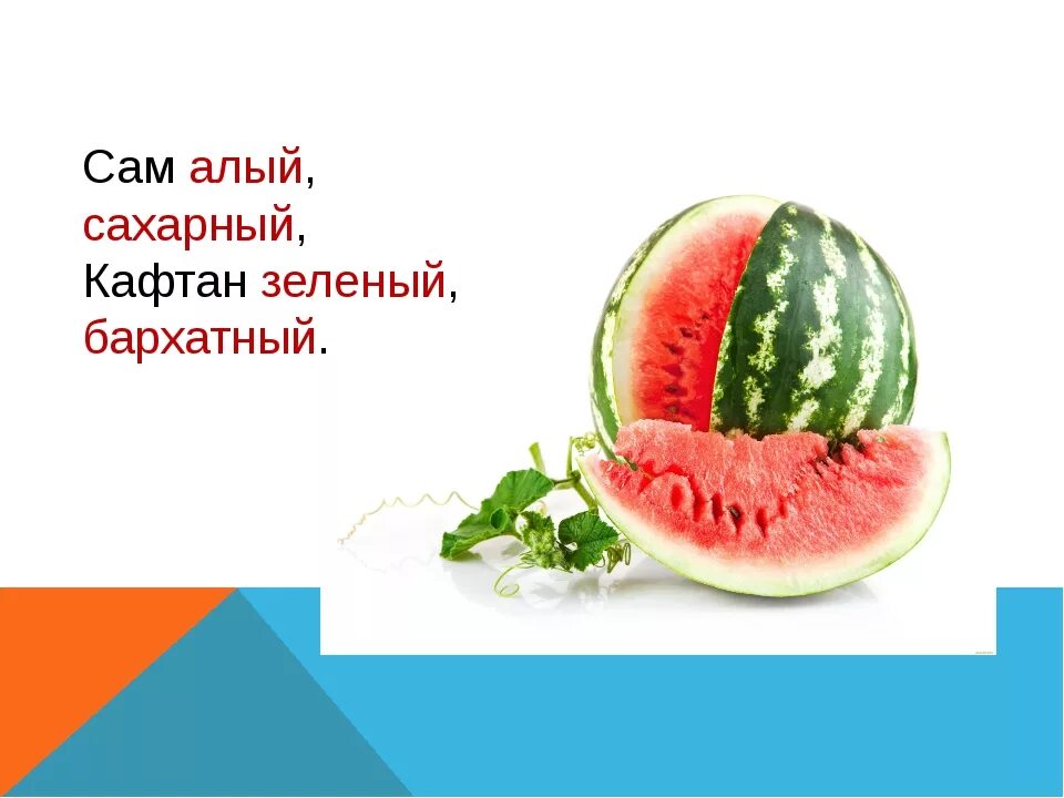 Арбуз прилагательное. Загадка про Арбуз для детей. Загадки про Арбуз. Загадка сам алый сахарный кафтан зеленый бархатный. Прбуззагадки для детей.