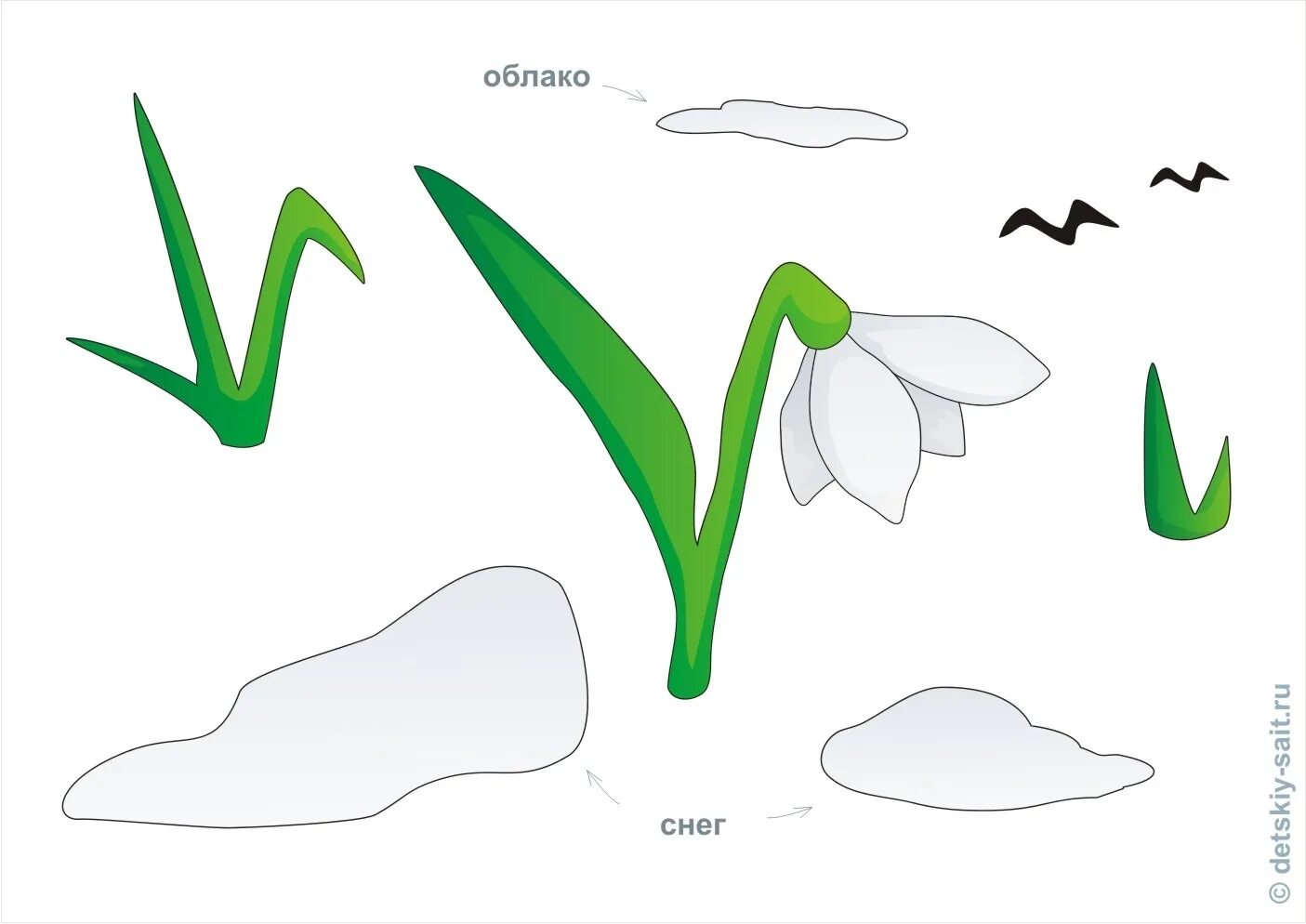 Аппликации Подснежник. Шаблон подснежника для аппликации. Детали подснежника для аппликации. Трафарет подснежника для аппликации.