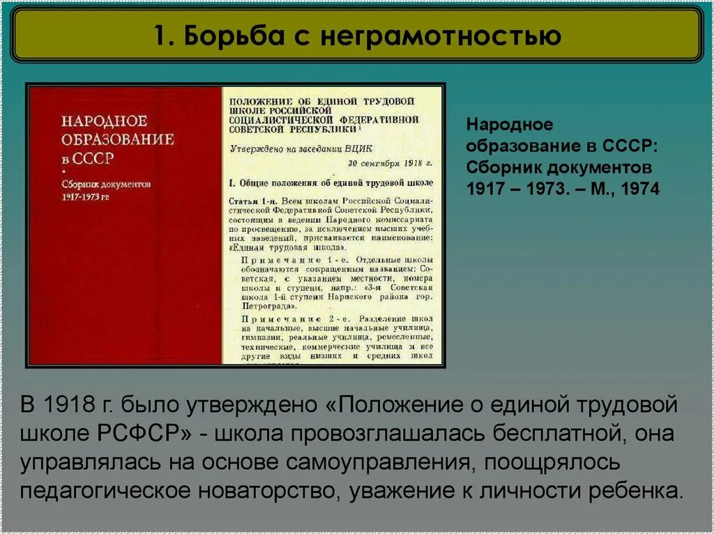 Единый труд. Борьба с неграмотностью 1920. положение о единой трудовой школе рсфср. борьба с неграмотностью 1920х годов. народное образование в ссср.