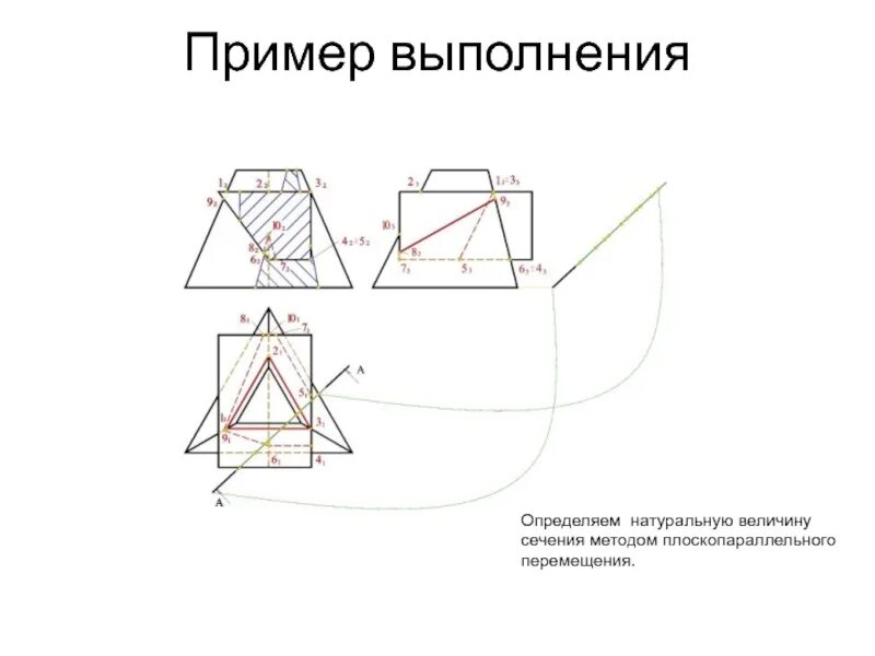 Метод сечения примеры. Плоскопараллельное перемещение начертательная геометрия. натуральная величина метод плоскопараллельного. метод плоскопараллельного перемещения. натуральный вид сечения.