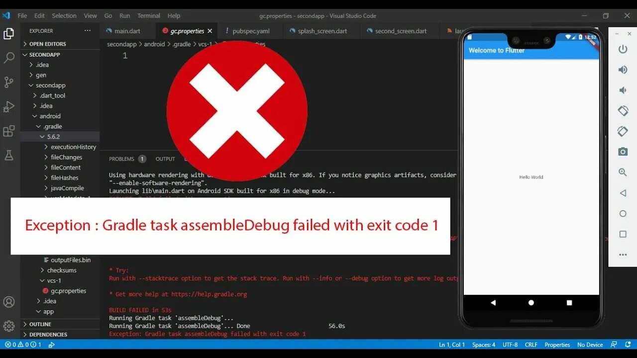 Exit code -1. ASSEMBLEDEBUG'... Running gradle task ASSEMBLEDEBUG бесконечно. Flutter Error Screen.