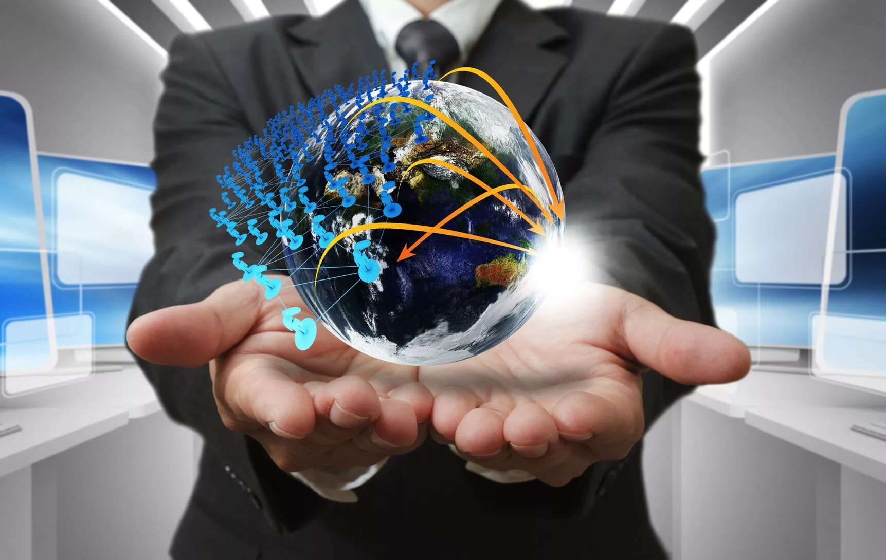 Международные научные связи. Человек с глобусом. Современные технологии. Мировая сеть интернет. Информационные технологии в бизнесе.