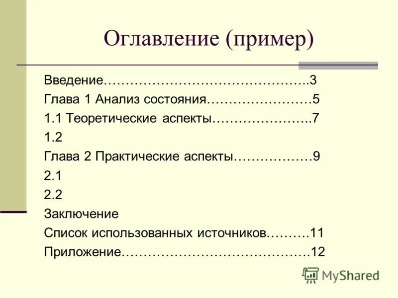 Пример оглавления в проекте