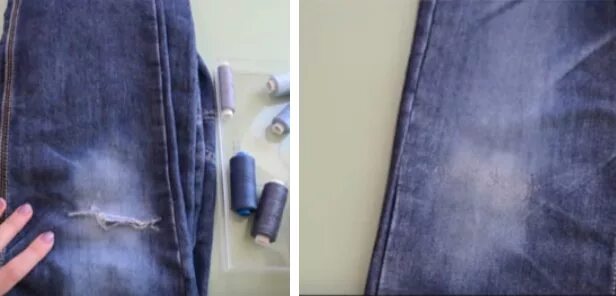 Штопка дырки на джинсах. Как зашить коленку на штанах незаметно. Декоративная штопка джинсов. Как незаметно зашить жатку. Красиво зашить дырку на джинсах.
