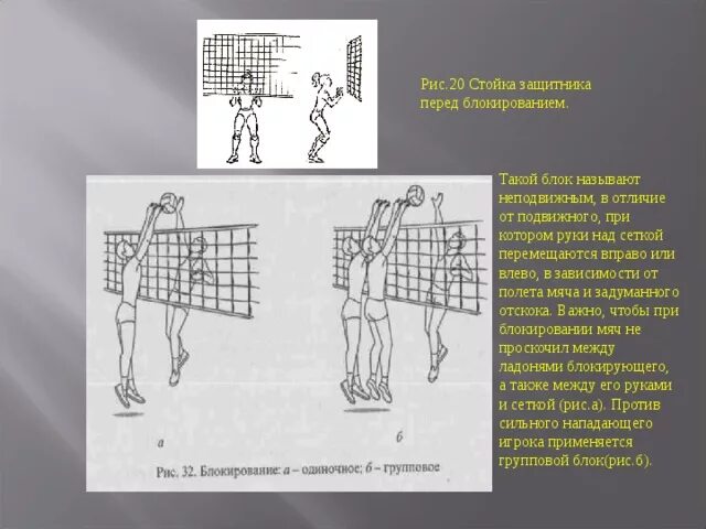 Волейбол через сетку. Рис.20 стойка защитника перед блокированием.. Бросок мяча через волейбольную сетку. Техника броска мяча через волейбольную сетку.