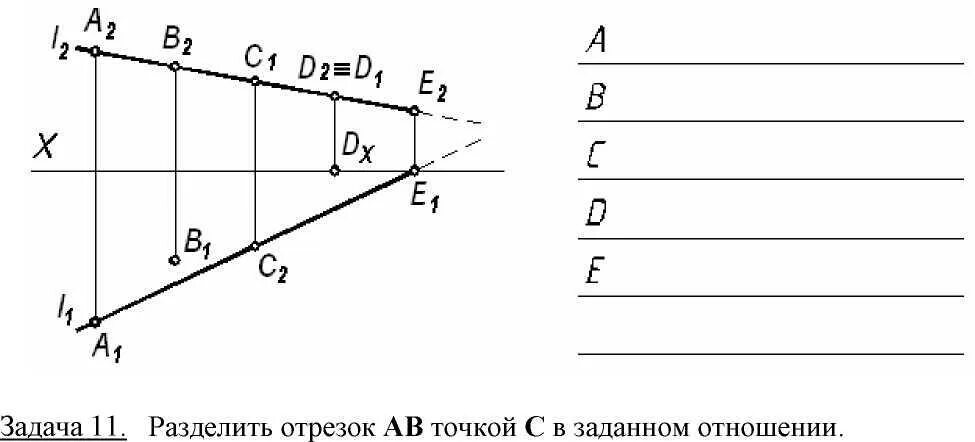 Деление отрезка прямой в заданном соотношении. Деление отрезков в заданном отношении. Построение проекции точки делящей отрезок в отношении. Отрезок разделен точкой в отношении. Отрезок разделили в отношении 3 4