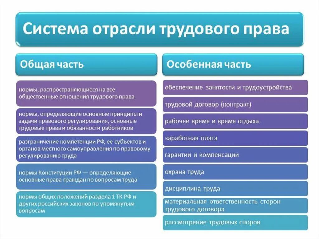 Институты общей части трудового законодательства. Разделы трудового законодательства