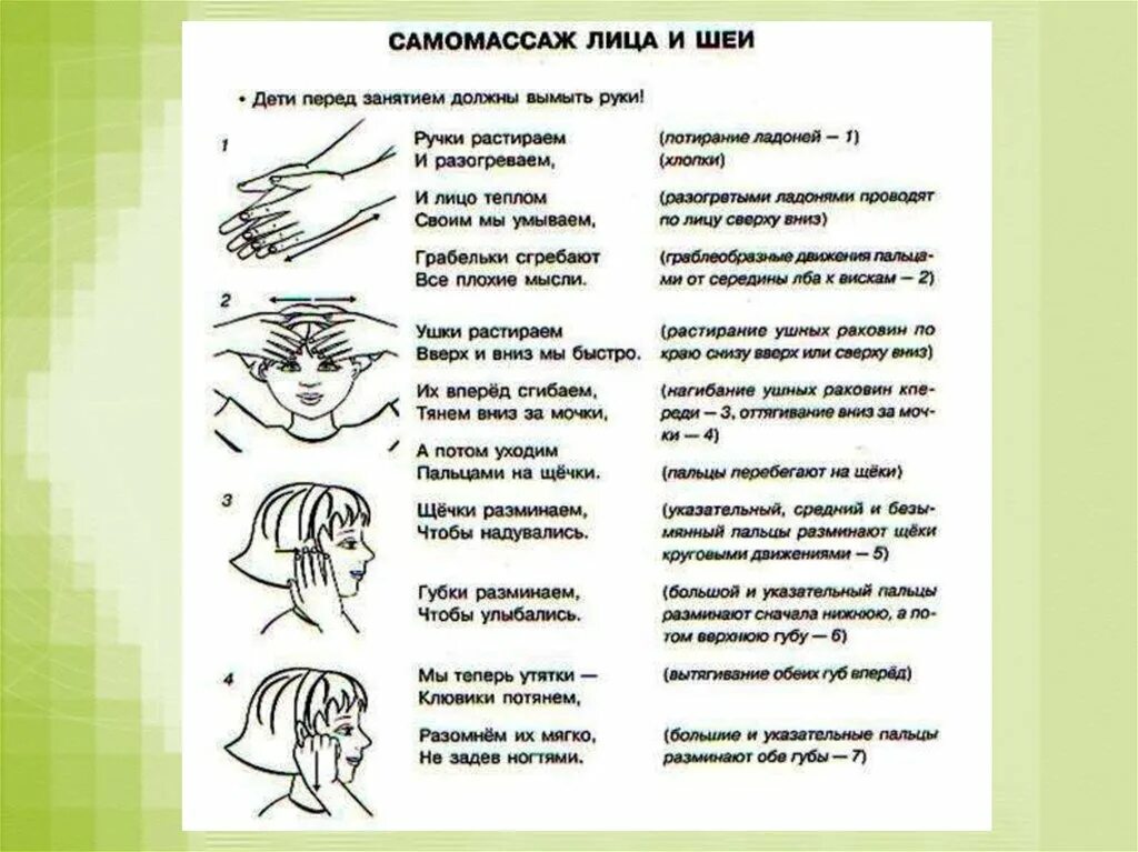 Приемы самомассажа. Логопедический самомассаж для дошкольников. Массаж головы схема самомассаж. Массаж самомассаж для дошкольников. Упражнения для самомассажа лица для детей.