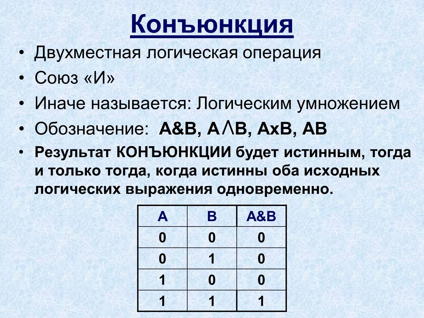 Таблица операций конъюнкция. Дизъюнкция и конъюнкция Информатика. Логические операции в логике конъюнкция. Логическая операция конъюнкция обозначается знаком. Логическая операция JRJYM.YRWBZ.